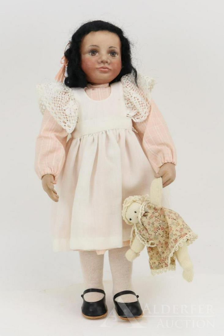 LOT OF ARTIST DOLLS.: 16" Cloth doll by artist Charlene Westling. Oil painted head with swivel neck. All painted features - lovely big brown eyes, closed mouth, black mohair wig. Painted hands. She is holding her rag doll.