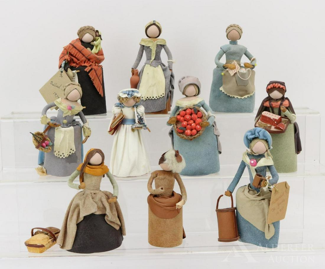 LOT OF ARTIST DOLLS.: Lot of (9) 4 1/2" - 5 1/2" English dolls made by artist Grace E. Whitehorn. These dolls are dressed to represent costumes of different people in English history (The Working People). The clothing is m