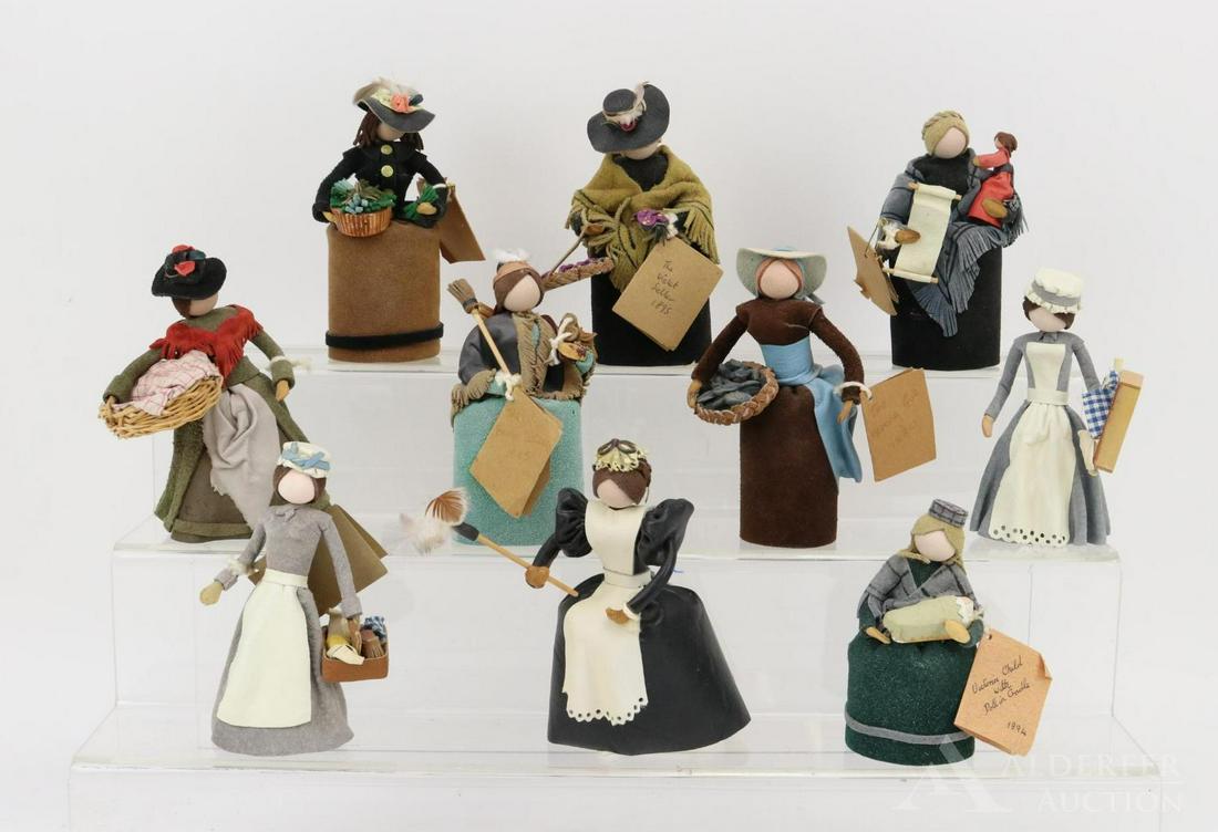 LOT OF ARTIST DOLLS.: Lot of (11) 3"-5 1/2" English dolls made by artist Grace E. Whitehorn. These dolls are dressed to represent costumes of different people in English history (The Working People). The clothing is made f