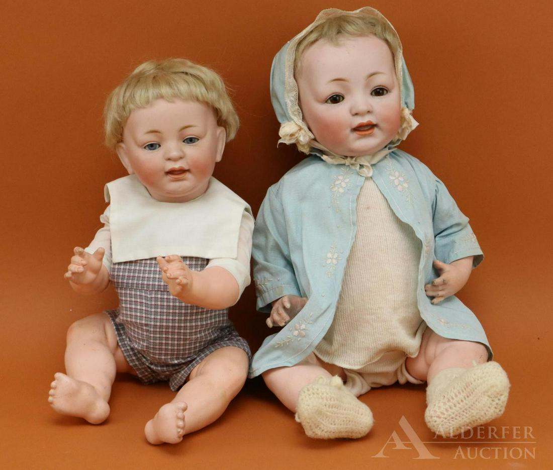 LOT OF GERMAN BISQUE HEAD BABY DOLLS.: Pair of J.D.K. 211 character babies. Both dolls have sleep eyes, open/closed mouths, blonde mohair wigs, plaster pates. 5 Pc. papier mache bent limb baby bodies. 16" Doll - H MADE IN GERMANY 12 has bl