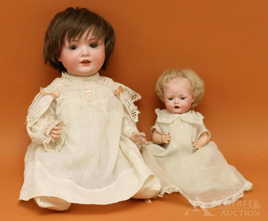 LOT OF GERMAN BISQUE HEAD BABY DOLLS.: Pair of B & X O P (Bahr & Proschild) character babies. Both dolls have sleep eyes, open mouths with (2) top teeth, human hair wigs, 5 pc. papier mache bent limb baby bodies. They are dressed in antiqu