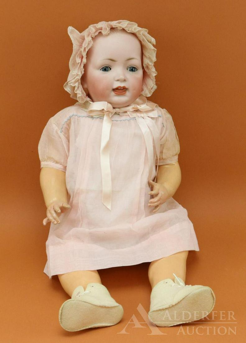 LOT OF GERMAN BISQUE HEAD BABY DOLLS.: 25" 151 14 Solid dome character baby. Blue sleep eyes, open/closed mouth, painted dark blonde hair. Papier mache 5 pc. toddler type body. Dressed in vintage pink organdy dress and bonnet. Embroidered 