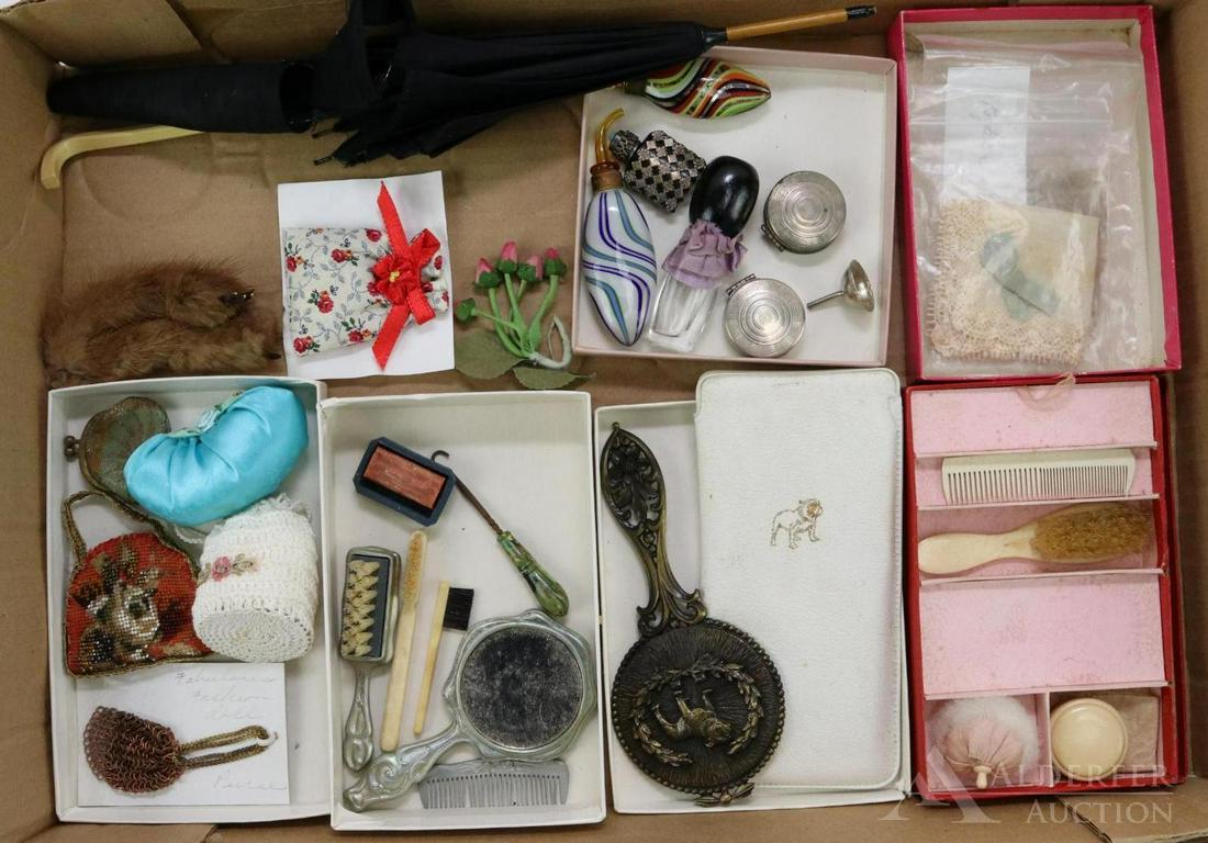 LOT OF DOLL ACCESSORIES.: Antique/vintage. Bone handled black silk parasol (cover has age loss). Misc. perfume bottles, rouge containers. Doll's Toilet in OB. Mack Truck logo handmirror and case. Misc. pewter comb, brush, mirr