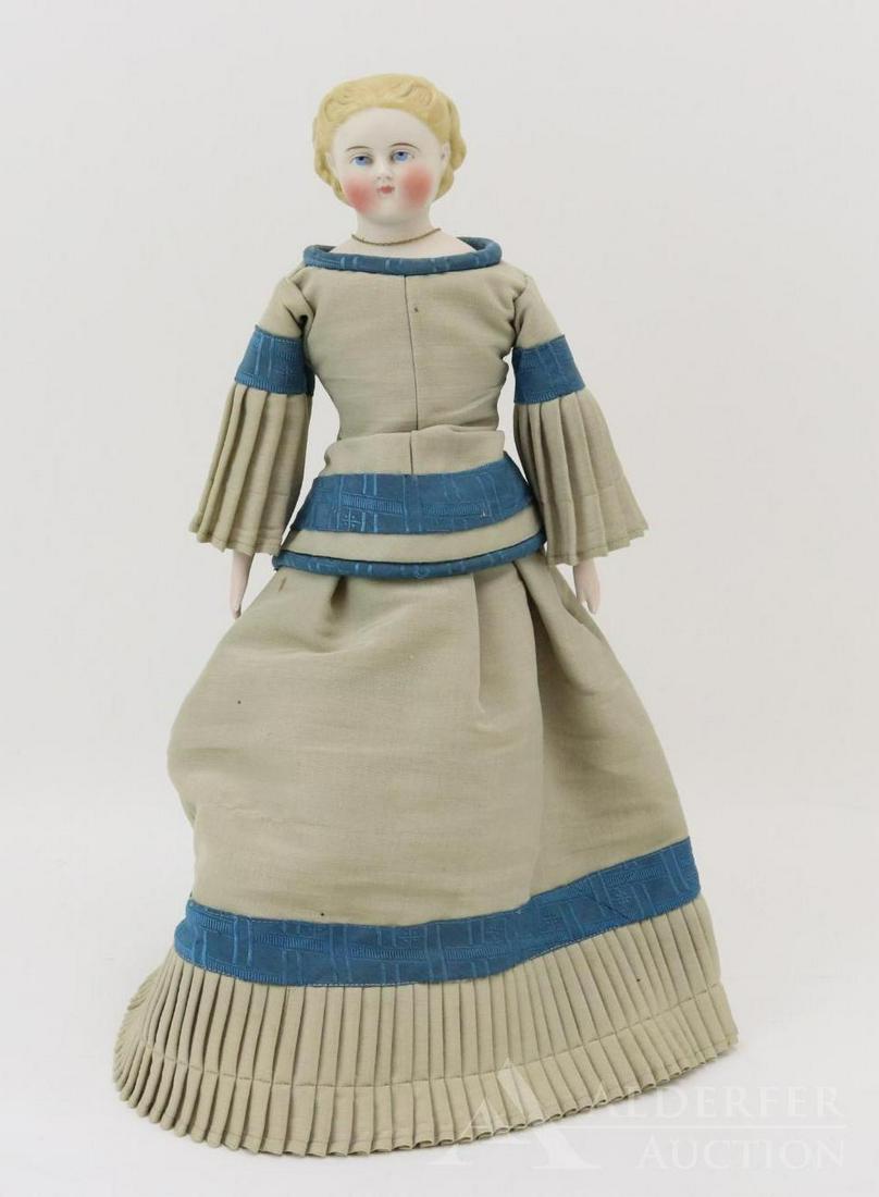 ANTIQUE GERMAN BISQUE DOLL.: 17" Unmarked parian type shoulder head doll with painted blonde hair, braid on back of head with black painted bow. Painted features inc. blue eyes, closed mouth. Newer cloth body and reproduction low