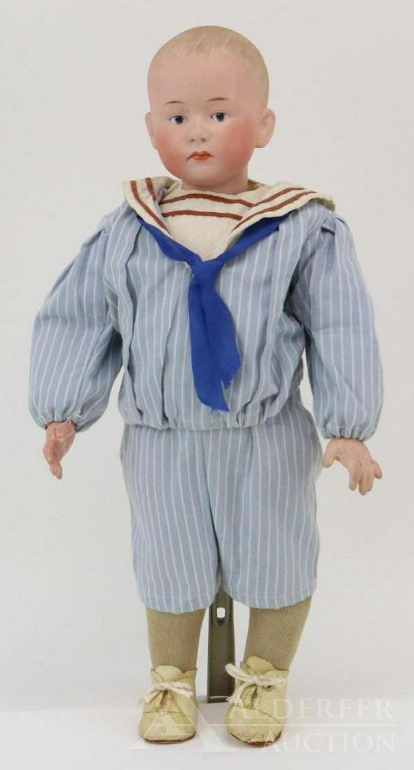 ANTIQUE GERMAN BISQUE DOLL.: 15" 4 76 (Heubach Square) 02 GERMANY solid dome character child doll. "Pouty". Painted features inc: blue integlio eyes, closed mouth, blonde hair. Papier mache ball jointed body. Dressed in vintage s