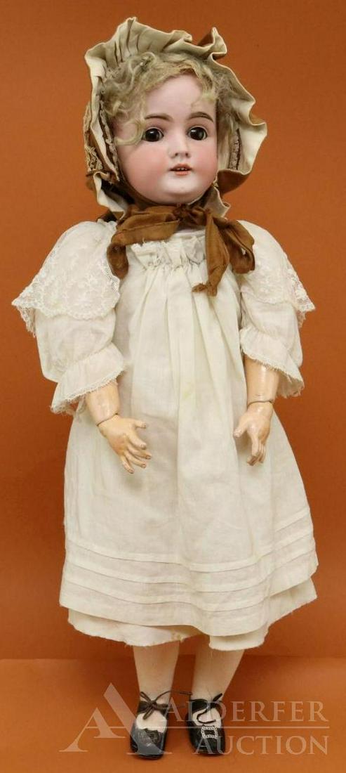 ANTIQUE GERMAN BISQUE HEAD DOLL.: 27" M MADE IN GERMANY 15 3/4 164 doll. Brown sleep eyes, open mouth, very thin blonde mohair wig, plaster pate. Very clean papier mache 6-ball jointed body marked (red stamp) Excellsior D.E.P. No. 706