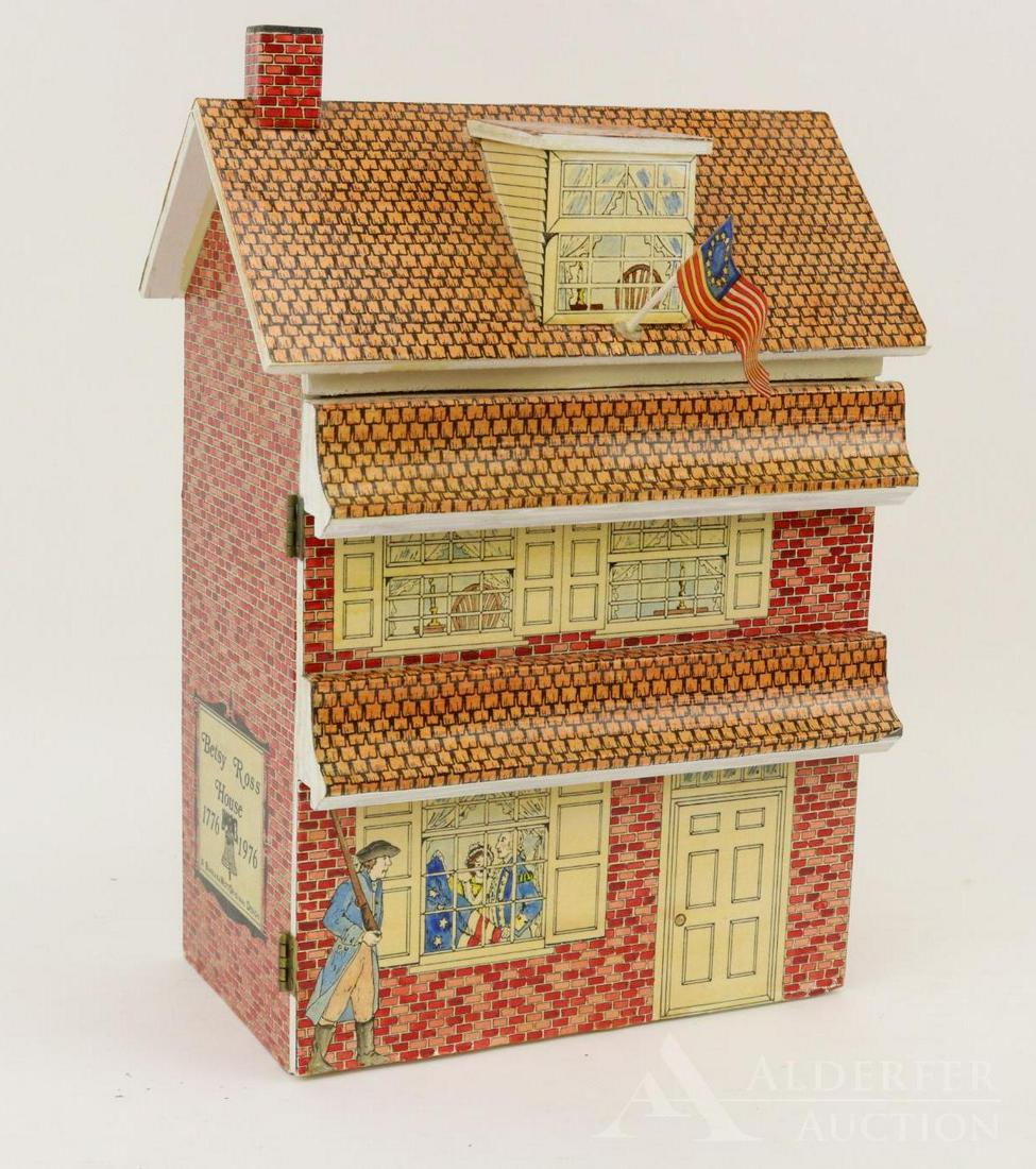 BETSY ROSS HOUSE: 1776-1976.: Marked A Barbara Mott Original Design, #2 9/30/83 RAS. Painted and lithographed on wood which looks like brick. The front opens to reveal (2) fully furnished rooms. Furniture is signed by Danny Rodrig