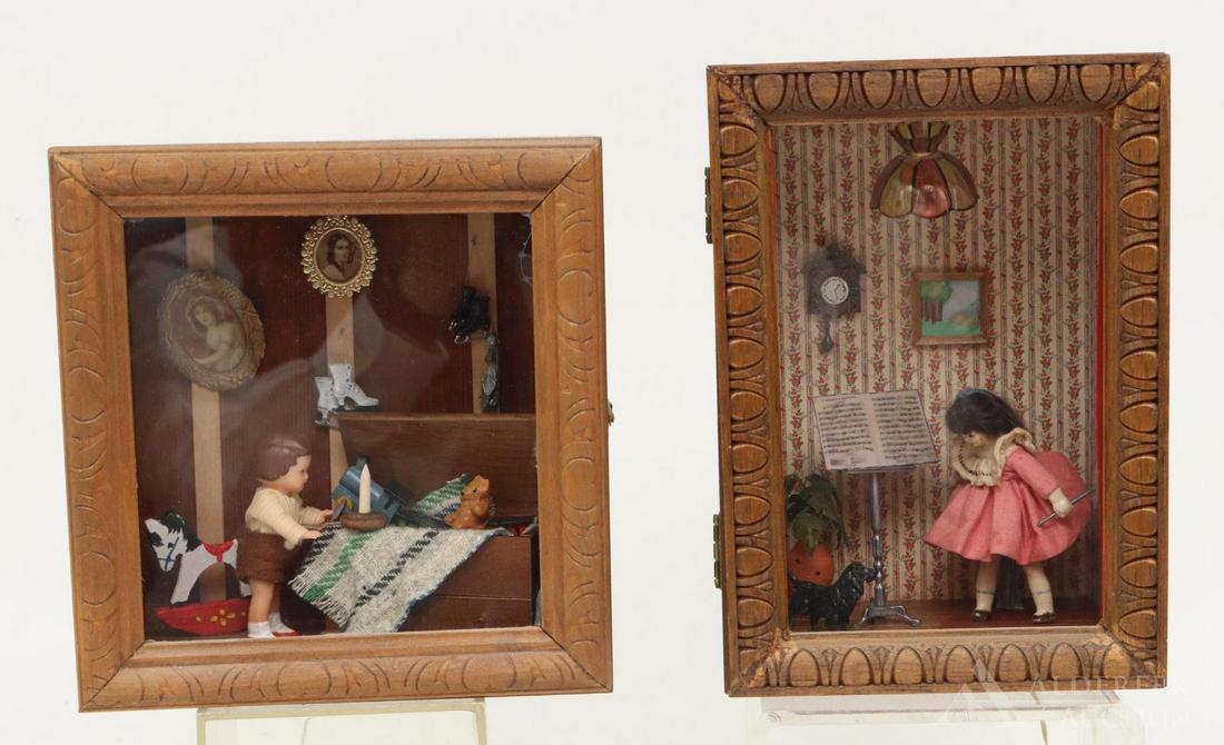PAIR OF MINIATURE "ROOM" BOXES.: Both of these "Room" boxes are made from antique wooden cigar boxes. They are no more that 7" W x 8 1/2" T. and are fully furnished with figures, accessories. They have been electrified. These items c