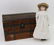 GERMAN BISQUE HEAD DOLL WITH TRUNK, WARDROBE.