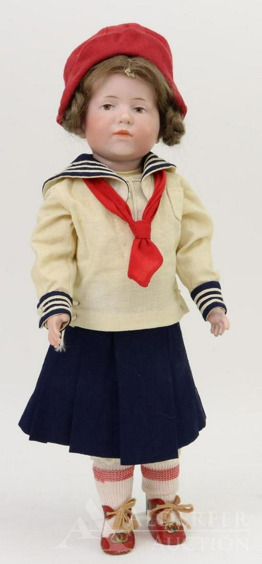 ANTIQUE GERMAN BISQUE HEAD DOLL.: 15" K * R 101 39 Character doll (Marie). Painted brown eyes, closed mouth, brown mohair wig with coiled braid over each ear. Papier mache ball jointed body. Dressed in very nice reproduction sailor ou