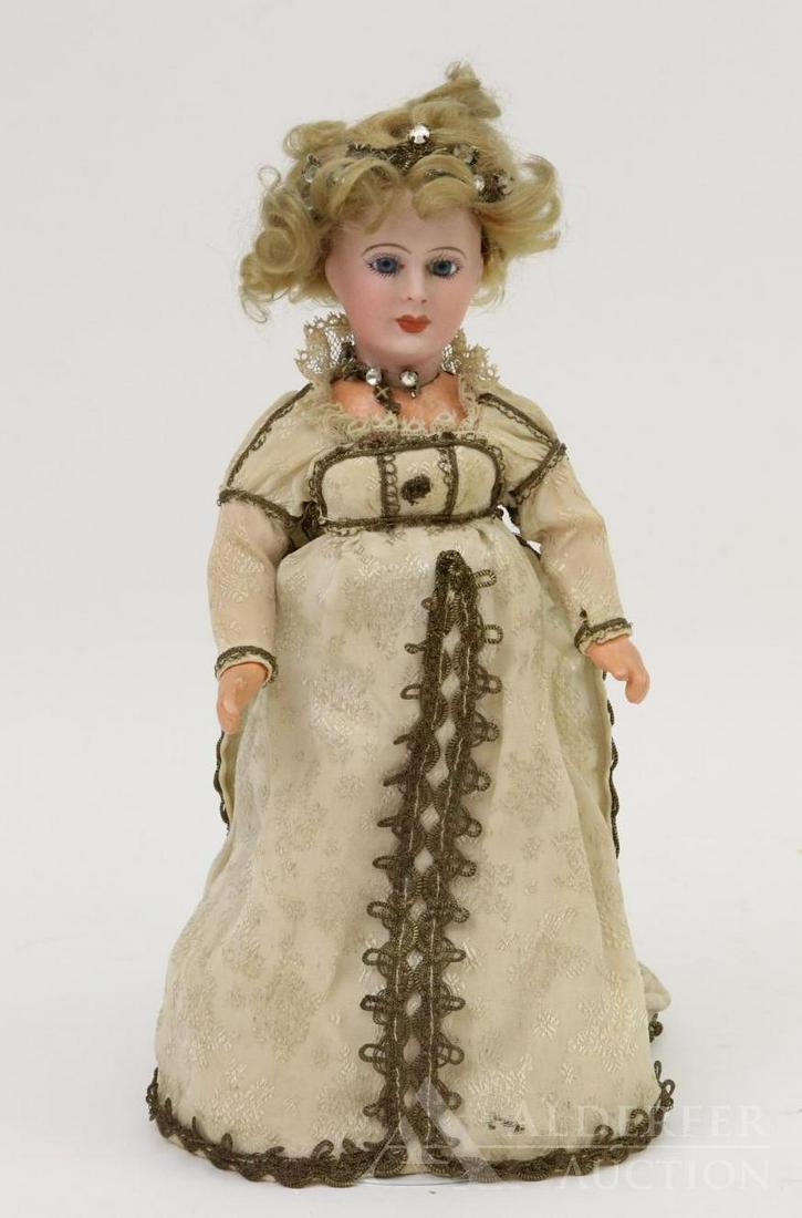 ANTIQUE FRENCH BISQUE HEAD DOLL.: 10" (Red stamp) JUMEAU (incised) 221 Great Ladies Series. (This may be the "Empress Marie Louise" doll.) Stationary blue eyes, closed mouth, curly honey blonde mohair wig. 5 Pc. papier mache body with