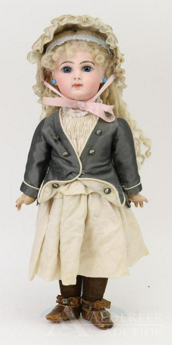 ANTIQUE FRENCH BISQUE HEAD DOLL.: 14" DEPOSE E 5 J doll with blue paper weight eyes, closed mouth, pierced ears, newer long curly blonde mohair wig, cork pate. Also comes with orignal wig base. Papier mache jointed body marked (blue s