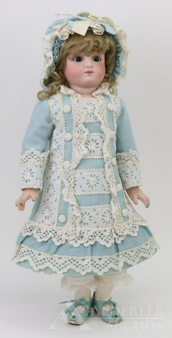 ANTIQUE FRENCH BISQUE HEAD DOLL.: 20" (Incised) SIE C 2 (red stamp) STEINER B.S. G.D.G. BOURGOIN SR doll with blue lever operated open/closed eyes, tinting on upper eyelids, closed mouth, pierced ears, original curly blonde mohair wig