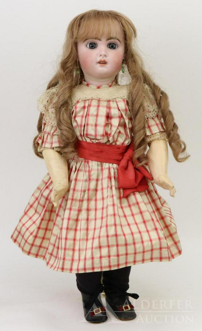ANTIQUE FRENCH BISQUE HEAD DOLL.: 20" "8" (JUMEAU) doll with blue paper weight eyes, open mouth, pierced ears, light brown French human hair wig with long curls. Papier mache jointed body with straight wrists is marked (blue stamp) JU