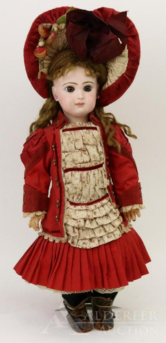 ANTIQUE FRENCH BISQUE HEAD DOLL.: 19" Unmarked TETE JUMEAU doll with brown paper weight eyes, closed mouth, pierced ears, newer brown mohair wig with coiled braided bun, cork pate. Papier mache jointed French body is unmarked. Dressed