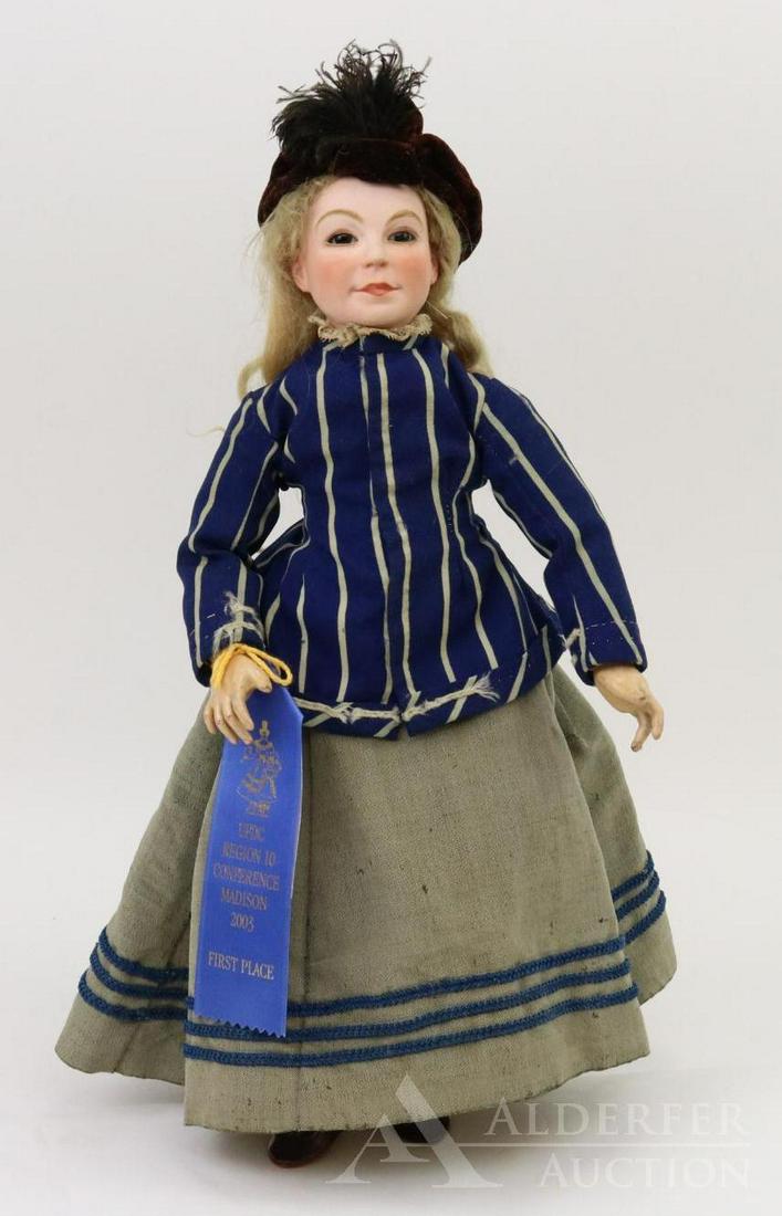 ANTIQUE FRENCH BISQUE HEAD DOLL.: 17 1/2" VAN ROZEN FRANCE DEPOSE lady character doll with stationary brown eyes, incised eyelids, closed mouth, blonde mohair wig. Papier mache/wood jointed body is marked with yellow paper (import?) l
