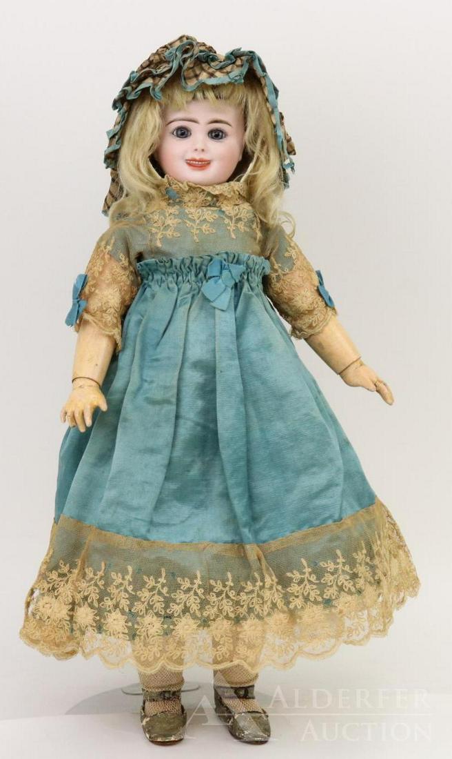 ANTIQUE FRENCH BISQUE HEAD DOLL.: 18" JUMEAU 200 SERIES TWO-FACED Character doll. Both faces have stationary blue eyes, open/closed mouths, blonde mohair wig. The happy face has paper weight eyes, smiling mouth showing teeth. The cryi