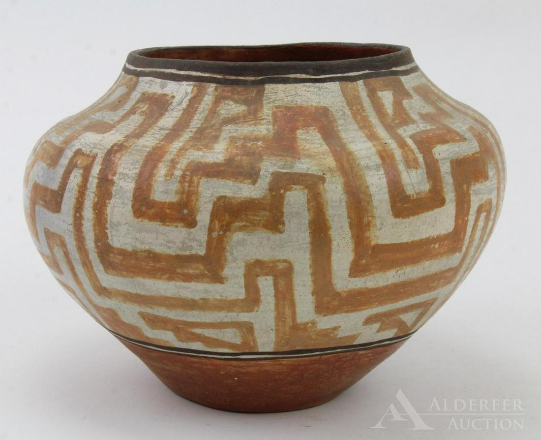 Native American Pottery Bowl: Hand spun pot with maze decoration, Acoma. Measurement of 6.25"h x 8"w.