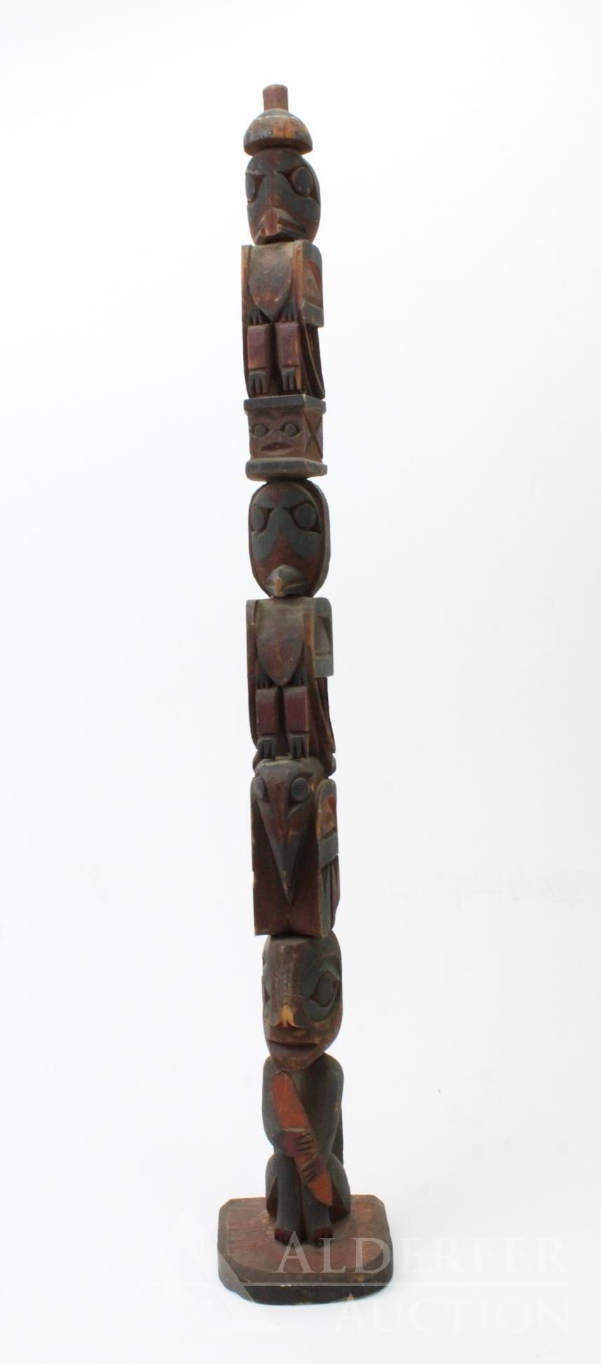 Hand Carved and Painted Totem Pole: Figural totem pole with polychrome paint. 24.75"h.