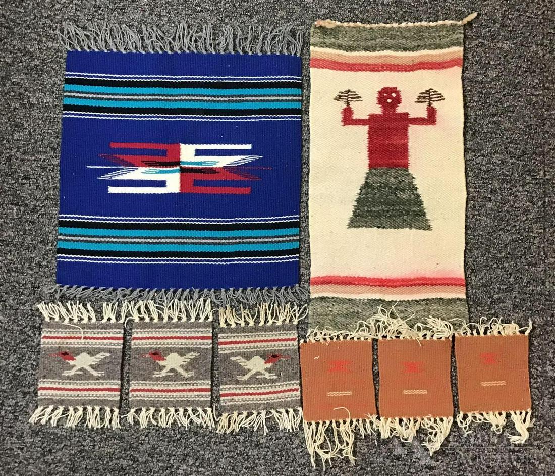 Southwestern Wall Hangings & Woven Coasters: Grouping includes two Native American wall hangings, one with geometric design, the other with figural design. Largest measures 14"h x 14.5"w. Two sets of Native American woven coasters, 7"h (with f