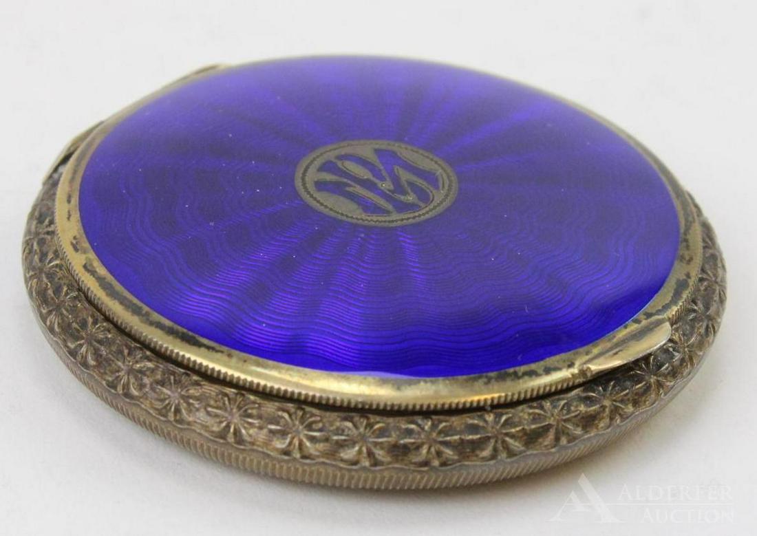 Guilloche Enamel Silver Compact: Austrian sterling silver compact with blue guilloche enamel top and monogrammed center. 2" w.