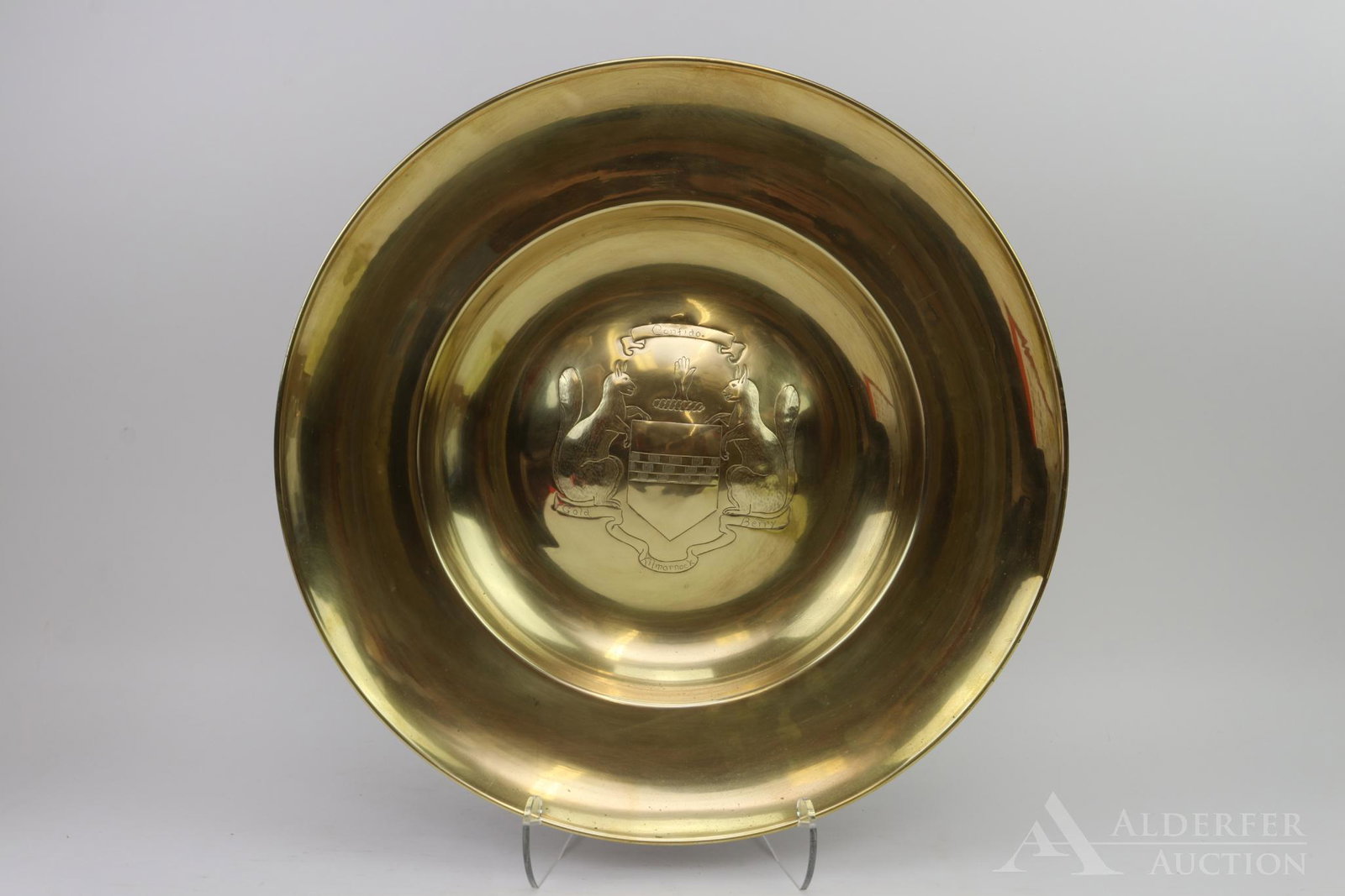 Coat of Arms Brass Charger: 19th c. brass charger which shows the arms of Boyd, Earl of Kilmarnock. Measures 18"h x 18"w.