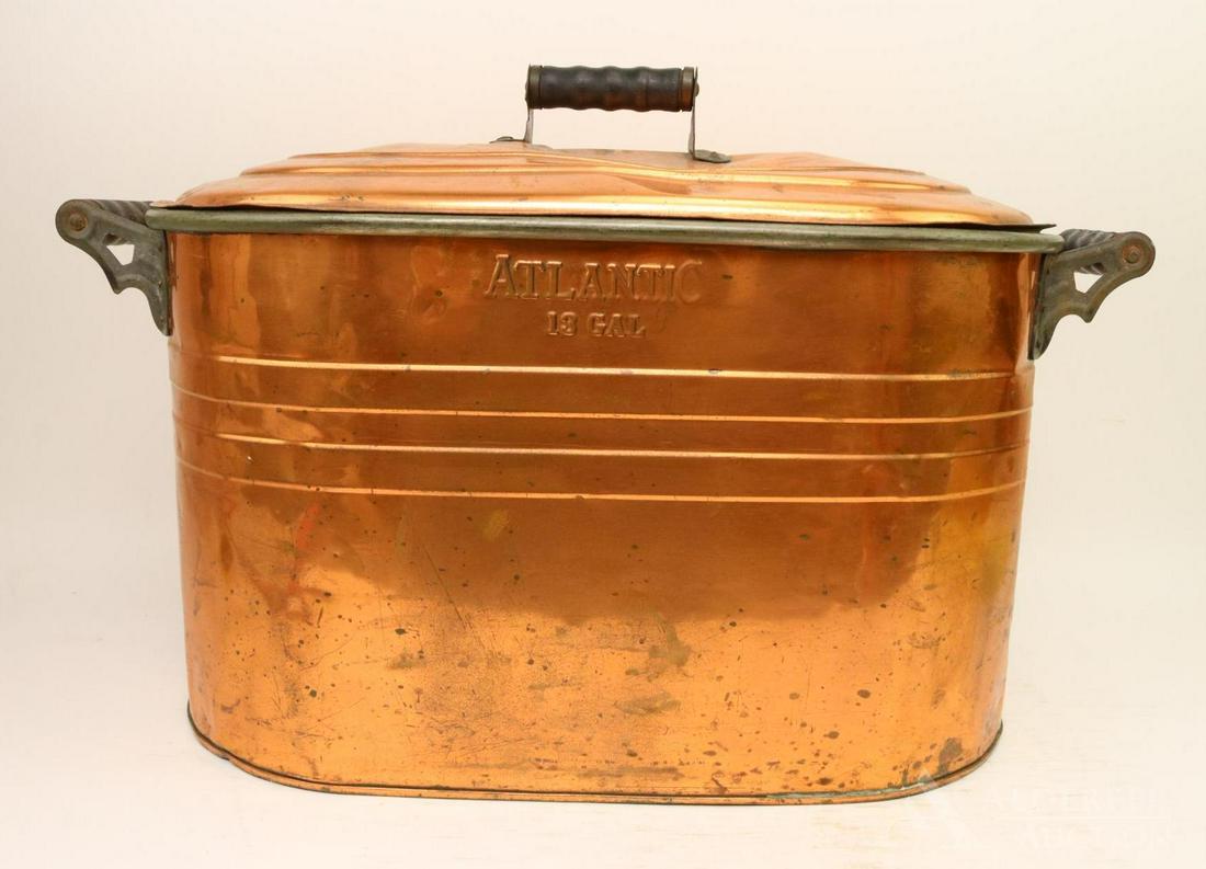 Atlantic Copper Boiler: Atlantic copper boiler wash tub with lid and wood handles, 27"w x 14"h (lid not included in measurement).