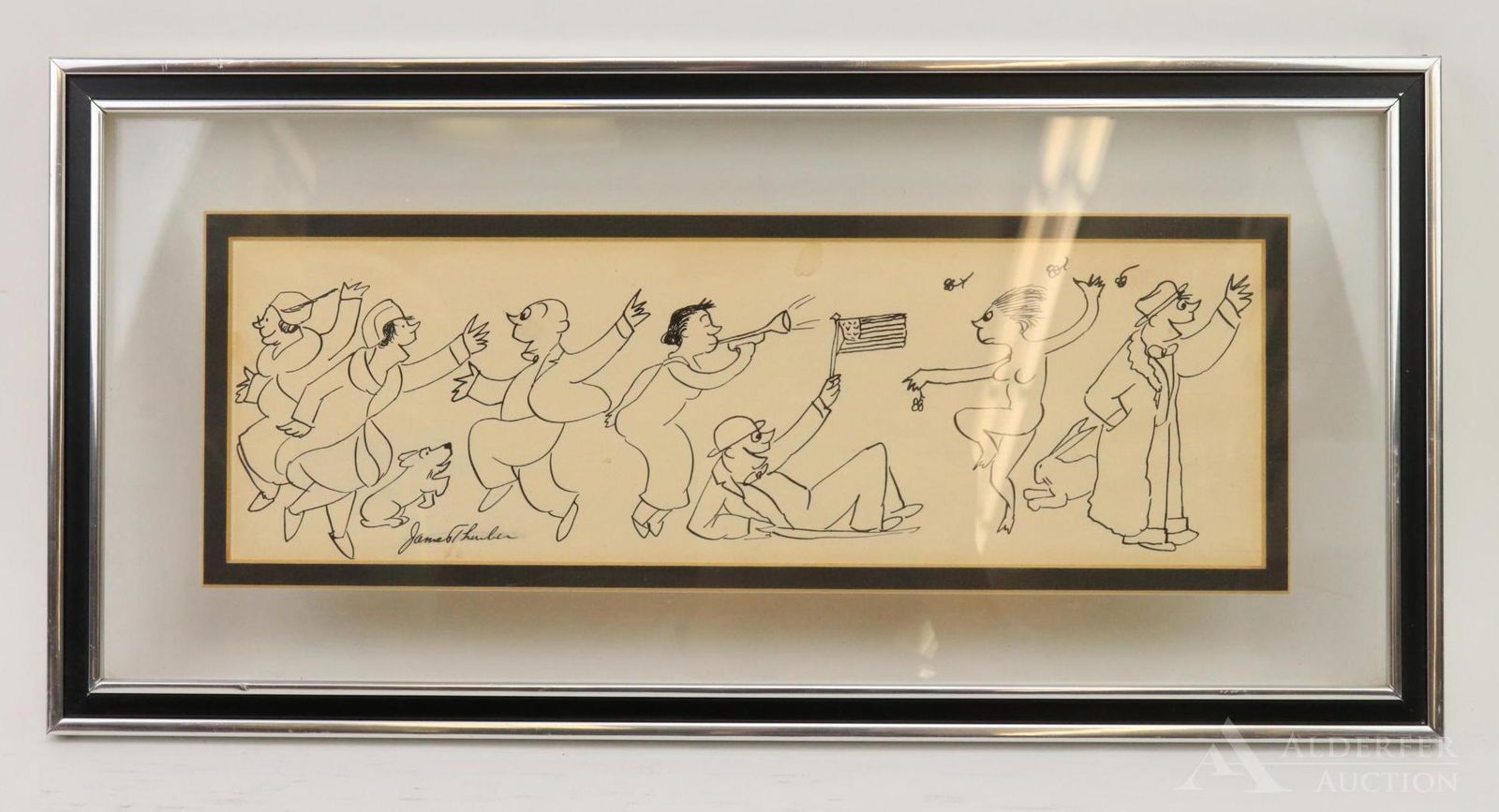 James Thurber (1894-1961): Framed cartoon drawing by American illustrator James Thurber, well known "New Yorker" cartoonist and author (Secret Life of Walter Mitty). Ink on paper, signed lower left. Taped on back to frame mat.