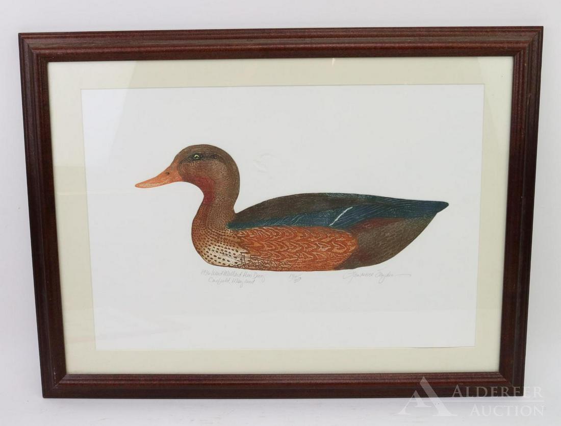 Duck Decoy Print: Hand colored etching entitled "1936 Ward Mallard Hen Decoy" by Lawrence Snyder, of PA. Signed lower right, numbered 130/350.