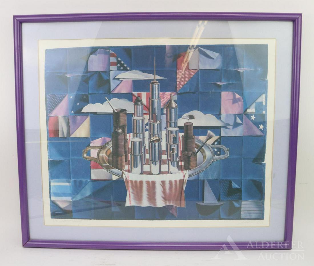 Gary Erbe (Born 1944): Lithograph, Artist Proof. Trompe l'oeil style print of a serving tray over a handkerchief. Measures 28.25"w x 24"h.