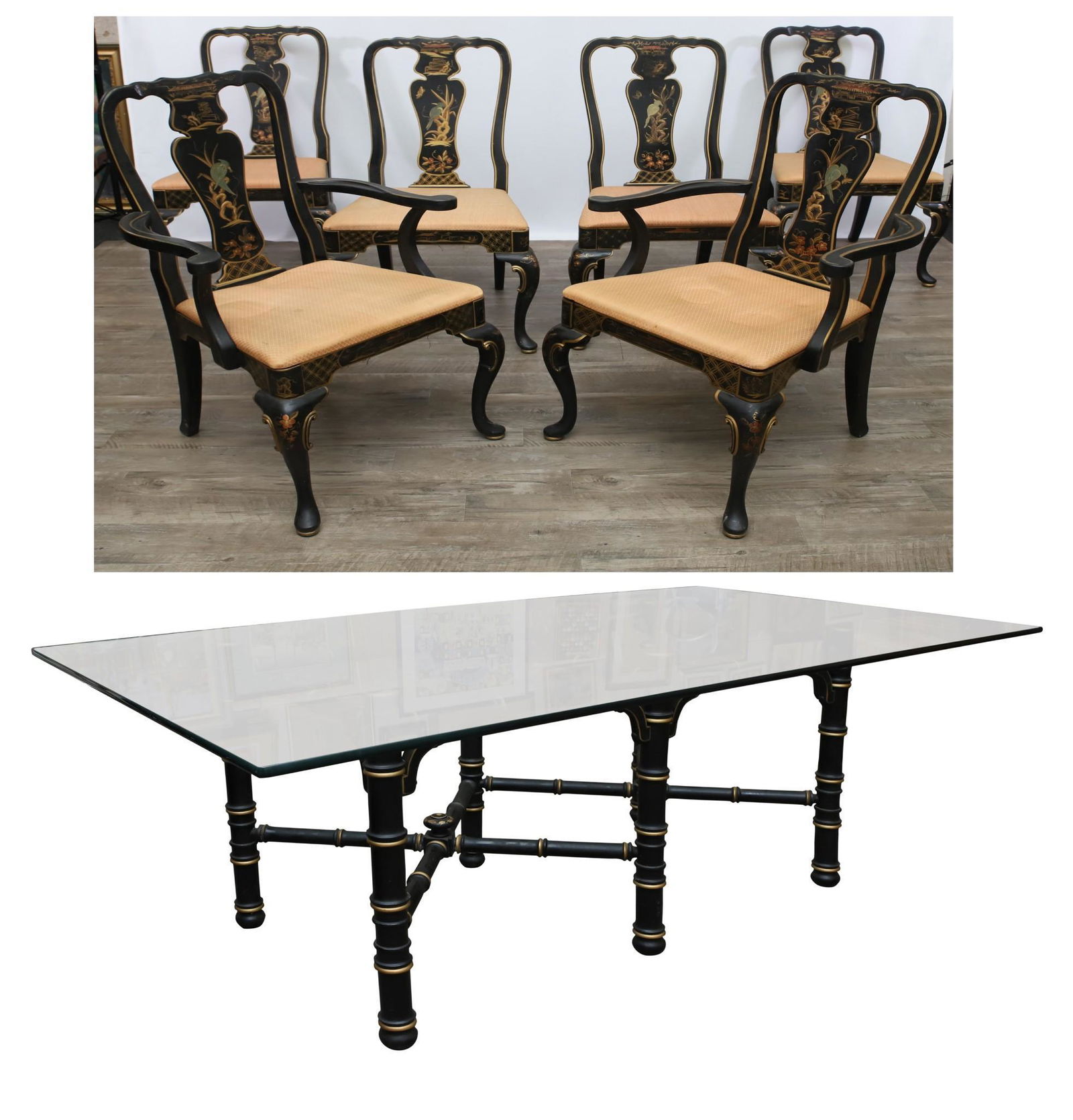 Chinoiserie Dining Table and Chairs: Glass top table on faux black bamboo stretcher base, decorated with gold embellishments and floral motifs. (4) Queen Ann style side chairs and (2) Arm Chairs. Chairs painted black with hand decorate