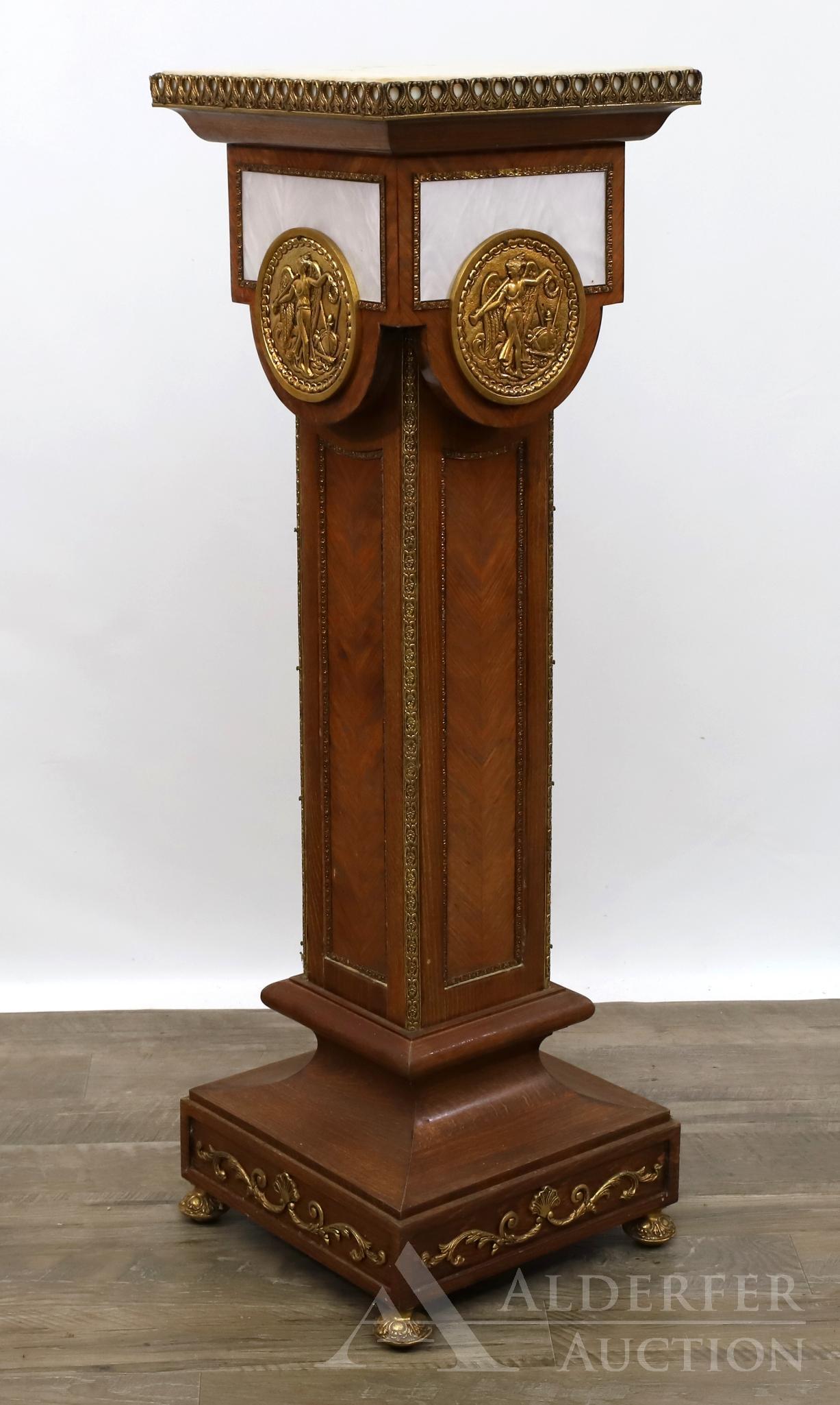 Ormolu Mounted and Rosewood Veneer Pedestal: Marble top with filigree edge with inset marble panels with figural medallions. Rosewood veneer inset panel column on square base with mounted feet. 38"h x 12" square