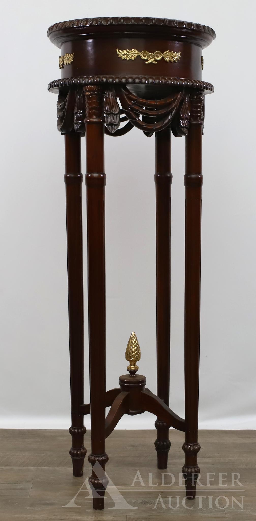Mahogany Ormolu Mounted Pedestal: Gadrooned edged top with floral and foliate mounts. Festoon freeze with reeded tapered legs. 42"h x 15" round