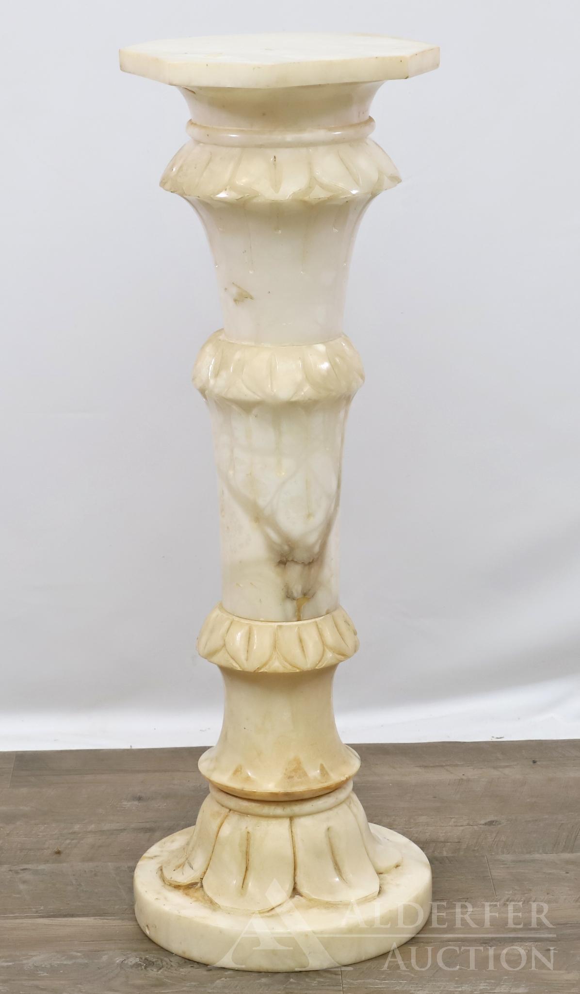Alabaster Pedestal: Hexagonal top with a turned foliate column on circular base. 32"h x 12" round