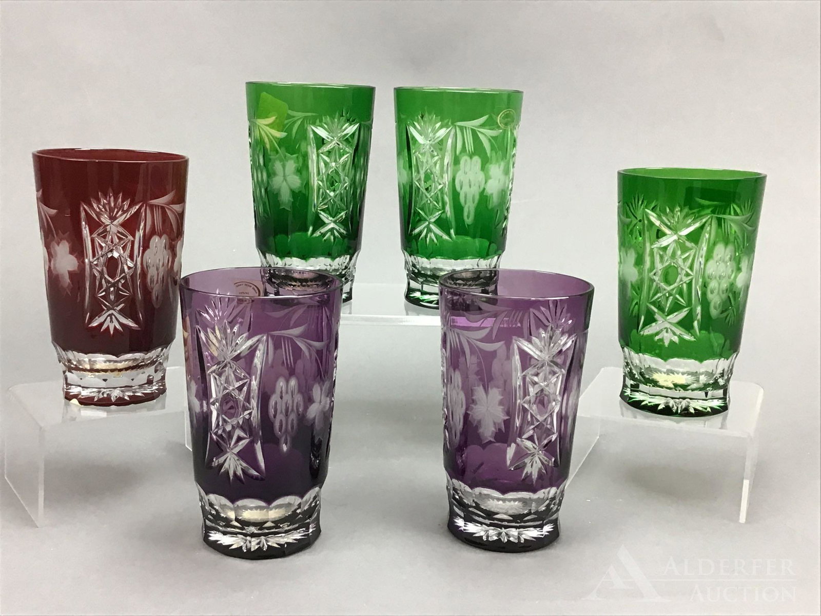 Bohemian Glass Tumblers: Grouping of (6) Bohemian glass colored cut to clear tumblers, measuring 5.25”h.