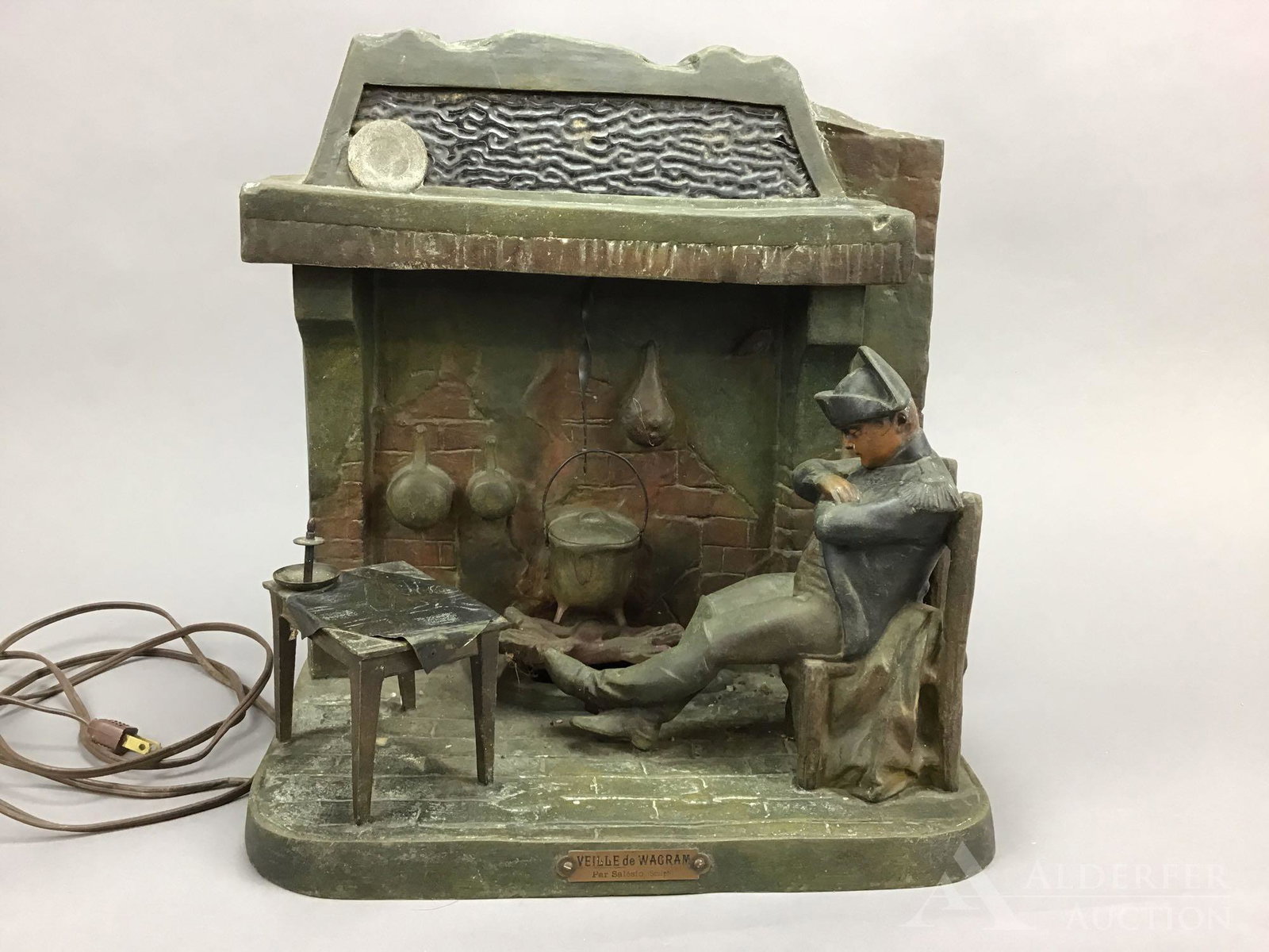 Lighted Bronze of Napoleon: Bronze novelty lamp of Napoleon on the night before the Battle of Wagram in 1909. French foundry mark on mantel. 15”h x 14”w x 8”d