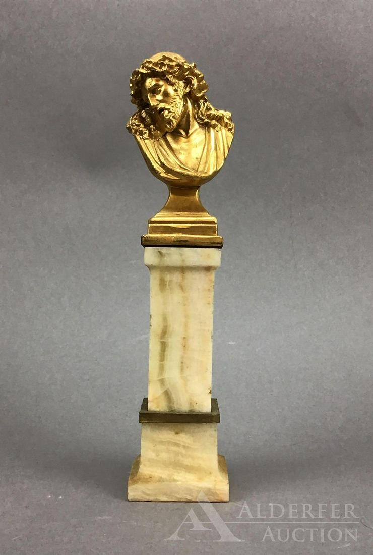 Bust of Jesus: Gold painted bust of Jesus attached to alabaster pedestal. Signed on back, illegible. 10.5”h