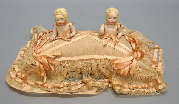 All Bisque Twin 1/2 Dolls on Pin Cushion