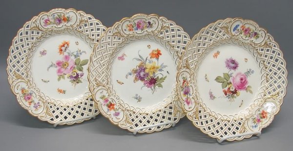 3 Meissen Handpainted Porcelain Reticulated Plate