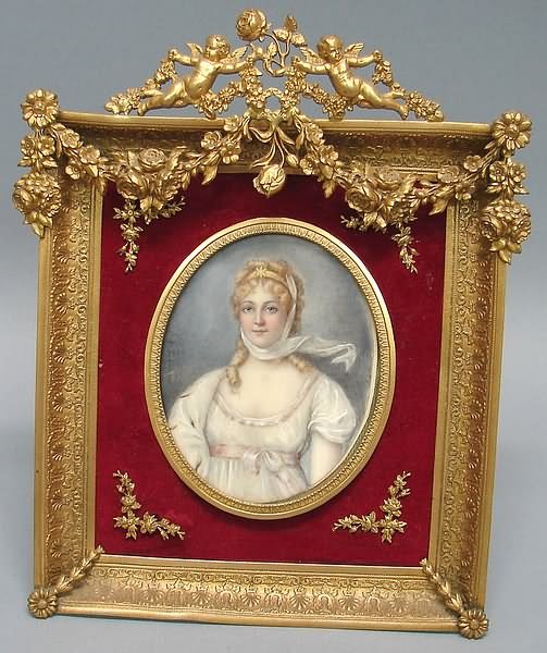 Gilt Framed Oval Miniature Portrait of Lady in Wh