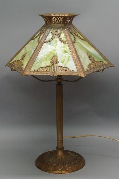 Rainaud Bronze Table Lamp with Green Slag Glass S