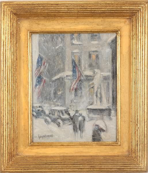 Guy Carleton Wiggins: "Wall Street Winter", (Federal Hall on Wall Street), oil on board, 10" x 8", SLL "Guy Wiggins", titled and signed on verso as well. Artist: American, 1883-1962. Shipping: Call for shipping quote.