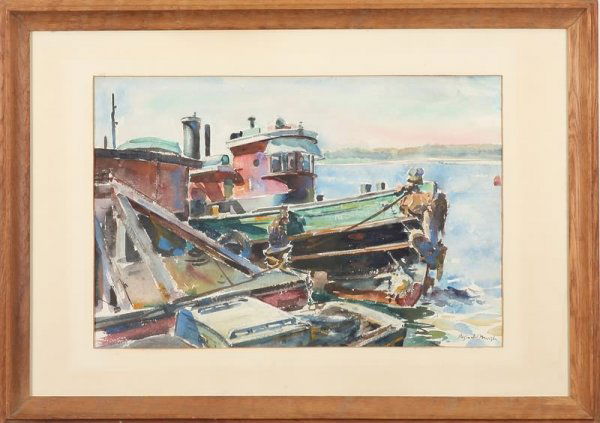 Reginald Marsh: Water scene with tugboat, watercolor, 14 1/2 x 22 (sight), SLR Reginald Marsh. Artist: American, 1898-1954. Shipping: $42.00 plus insurance.