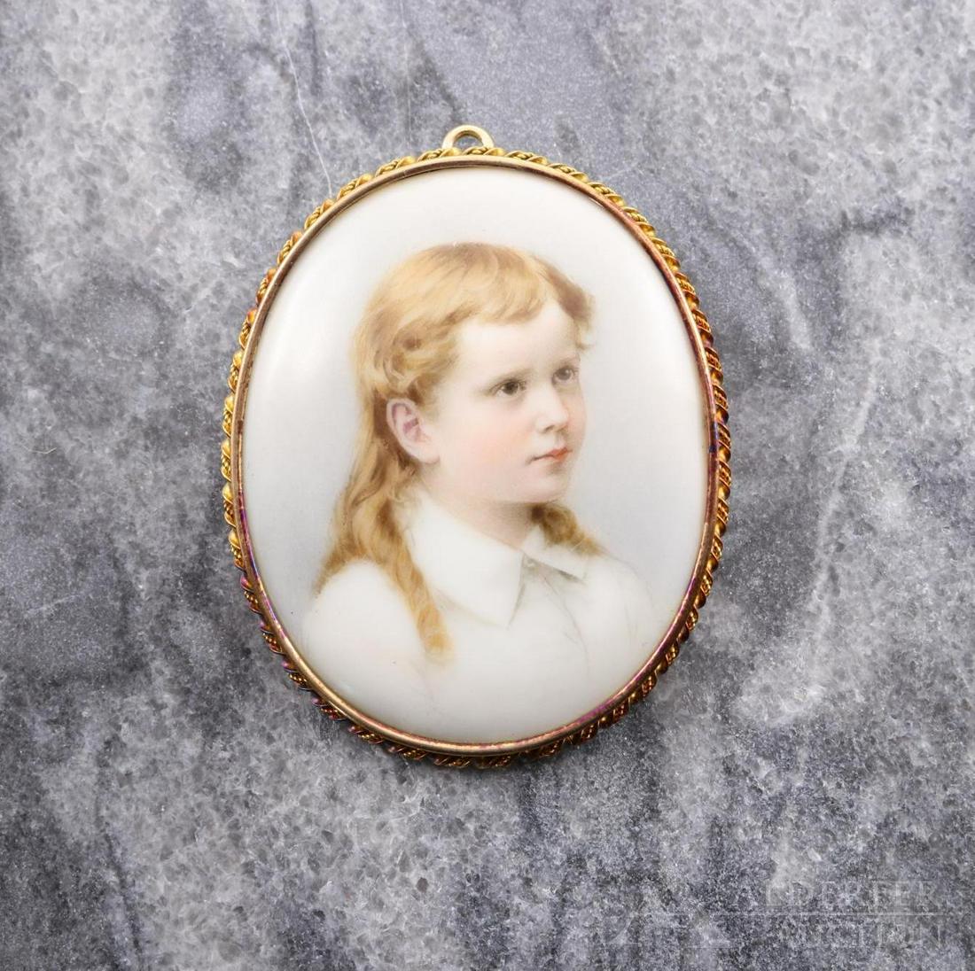 14KY Gold Portrait Pin Pendant: Painted porcelain portrait of a child. 55.5 x 45.5mm oval. 25.7gtw.