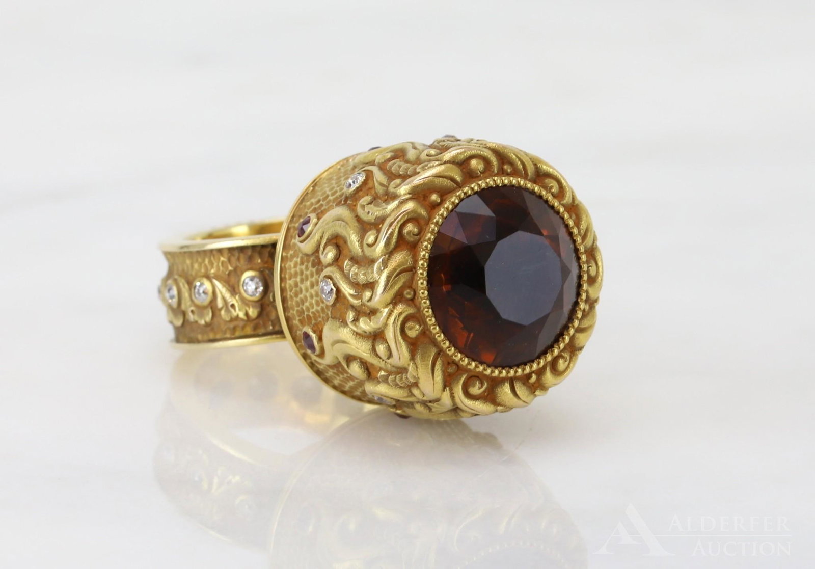 Wesley Emmons 14KY Gold Gemstone Box Ring: Hallmarked. Pill box style with twist off lid features a 16mm round Smoky Citrine Quartz top with (7) 2mm round Rubies and (7) 2mm round Diamonds encircling the 21mm deep lid. (12) 2mm round Diamonds