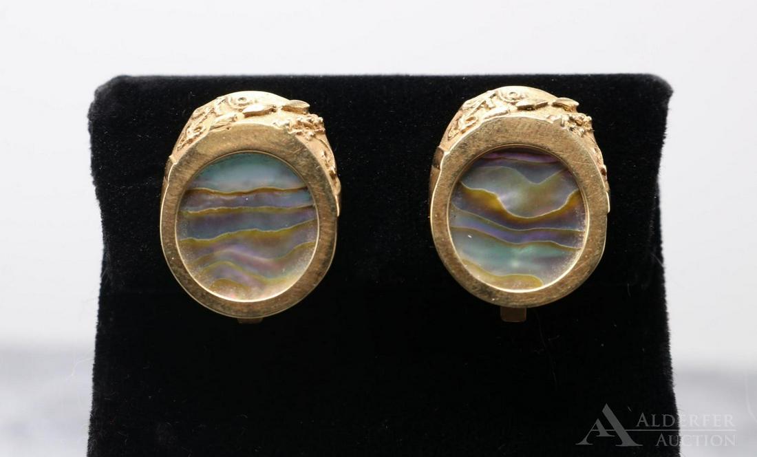 Wesley Emmons 14KY Gold Abalone Earrings: Hallmarked clip-ons. 1 7/8" long. 9.4gtw.