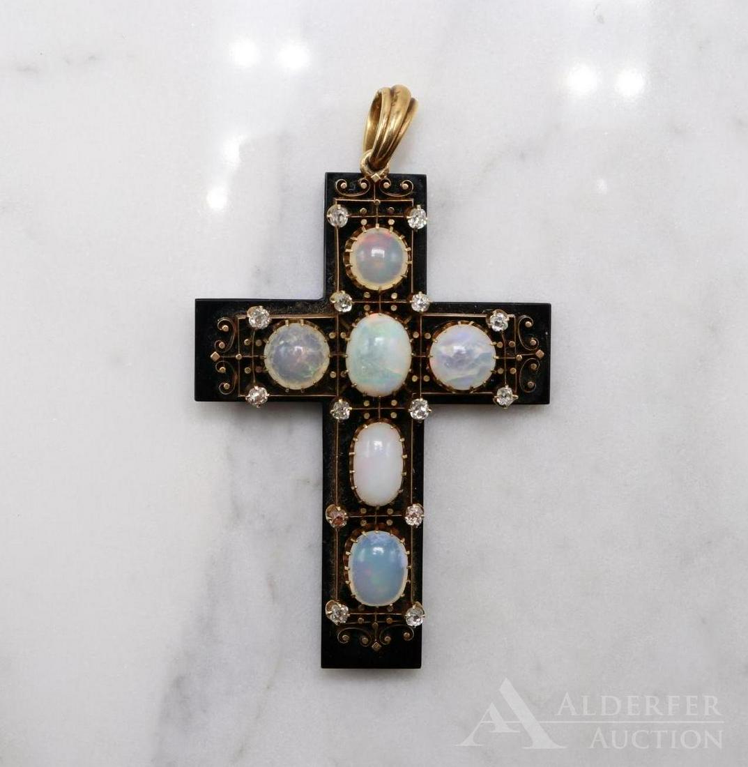 18K Gold, Opal, Diamond, Onyx Cross Pendant: Black onyx cross base with rose gold details set with Opal cabochons and (14) roundish mine cut cushion shape Diamonds, approx. 1.50ctw. 3 x 2" cross with 18K yellow gold bail. 41.2gtw.