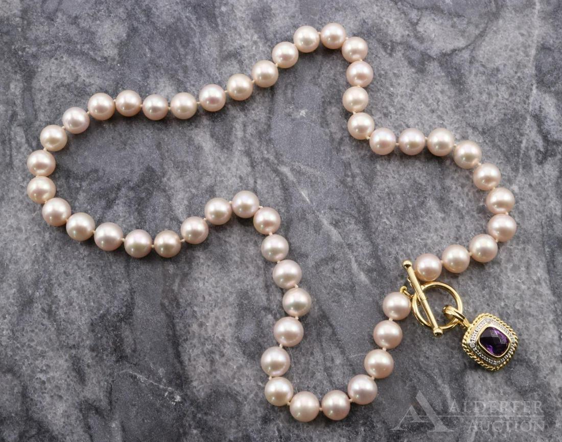 Gold Amethyst Pendant on Pearl Necklace: Knotted strand of (49) 8 - 8.5mm round Pearls features a 14KY gold enhancer pendant with (1) 9 x 7mm checkerboard top cushion cut Amethyst and (4) small round Diamond accents in white gold illusion fr