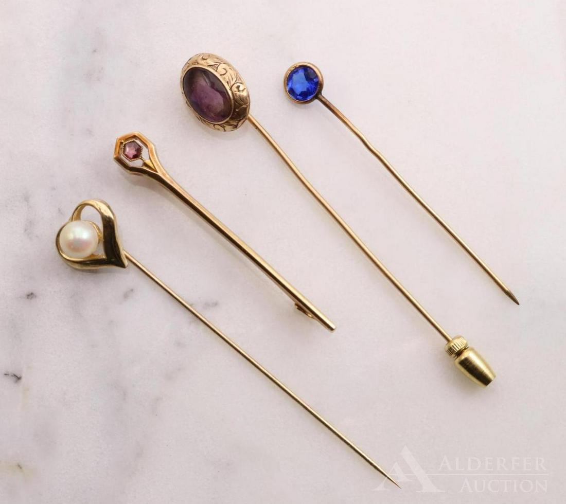 14KY Gold Pins: Including (1) Heart stickpin with a 5.9mm round Pearl, (1) stickpin with a Sapphire simulant in a 6.8mm bezel, (1) stickpin with a 10 x 7mm oval Amethyst cabochon, (1) 1 3/4" long bar pin with a 2.5mm