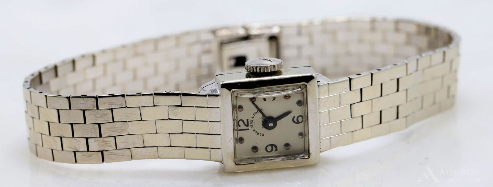 14KW Gold Ladies Movado Wristwatch: Dial reads Black Star and Frost, Gorham. 17 jewel Movado Swiss movement. 13.2 x 12.9mm bezel. 11.9 dwt, 18.5gtw with the works removed but including the crystal.